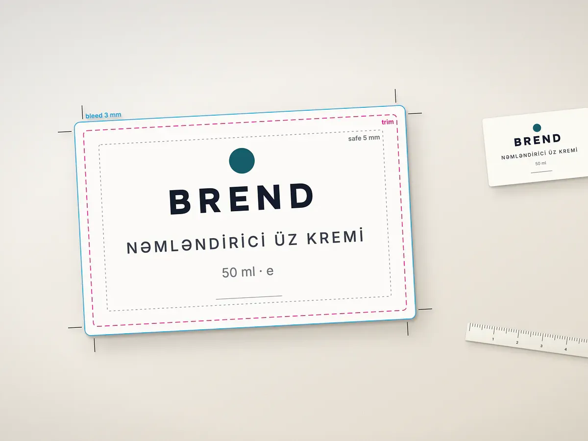 Label artwork guidelines example: print-ready file with bleed, safe zone and cut line