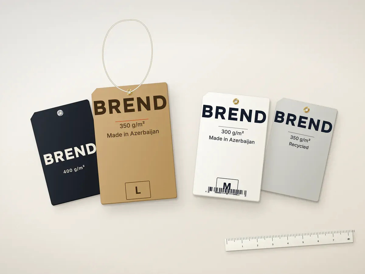 350gsm laminated hang tag paper next to an embossed 700gsm board tag on a plastic tag pin