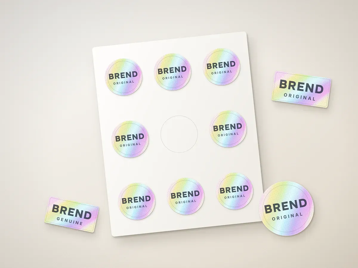 Custom hologram stickers: round and rectangular logo holograms on a sheet