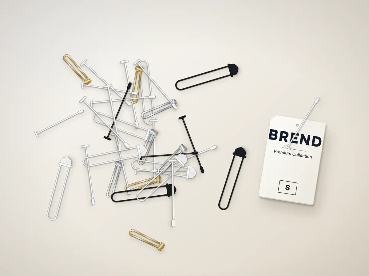Tag pins in white, black, silver and gold next to a hang tag