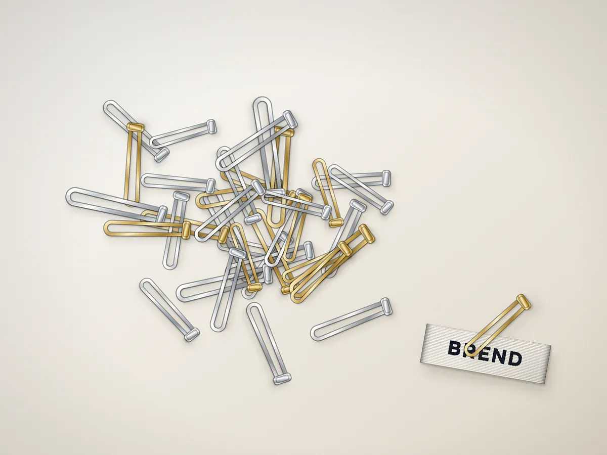Metal tag pins in silver and gold, one looped through a woven label