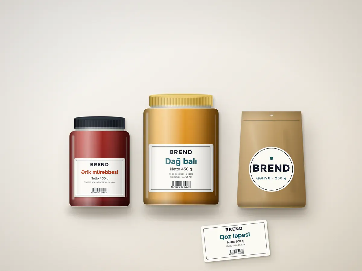 Food labels on jam and honey jars and a kraft coffee pouch