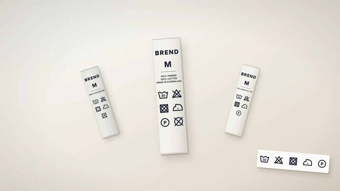 Care label symbols on a satin label: washing, bleaching, tumble drying, ironing and dry cleaning icons